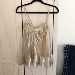 June & Hudson Beige & Metallic Ruffle Tank Top